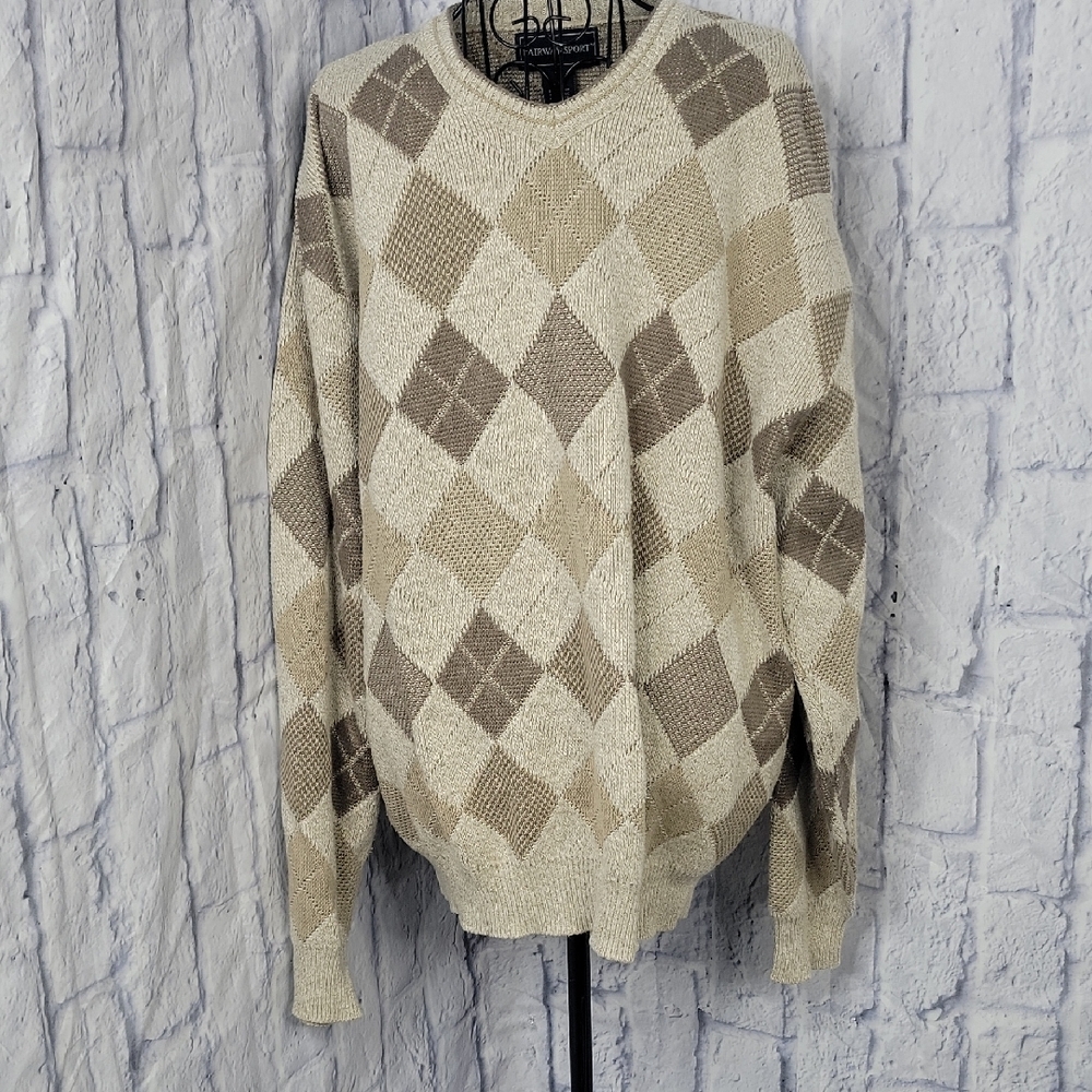 Fairway Sport Men’s Large Argyle Sweater Beige‎ Tan Golf Preppy Grandpacore